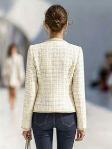 Women's Elegant Tweed Short Jacket, Gold Trim Embellished Gold Button Round Neck Commuter Outerwear - White - View 2
