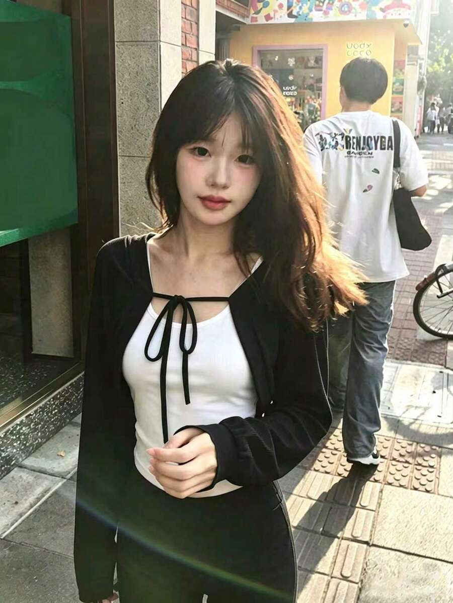 Sweet Cool Style Design Knitted Short Cover Up With Tie Waist, Long Sleeve Layering Top For Women, Autumn/Winter Outerwear (Inner Layer Not Included) - Black - View 1