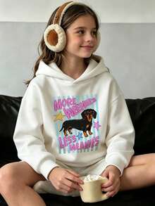 Tween Girls Dachshund Dog Letter Print Hooded Sweatshirt, Cute Cartoon Graphic Soft Fleece Hoodie - White - View 7