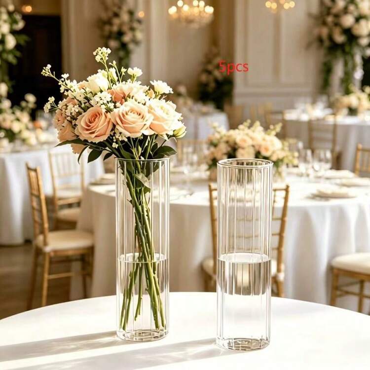 2/5/8/10pcs Plastic Striped Transparent Flower Vase, Floral Arrangement Craft, Suitable For Wedding, Birthday, Valentine's Day, Party, Halloween, Christmas, Various Bouquet Decoration Display, Holiday And Home Decor, Suitable For Tabletop Decoration, Wedding, Home, Dinner Party - Clear - View 3