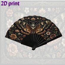 2D Flat Style, Fashionable Handheld Folding Fan, Featuring Dark Vintage Skull, Moth And Floral Pattern, Perfect For Summer Parties, Music Festivals And Bar Use. Also An Excellent Home Decor And Gift - A - View 9