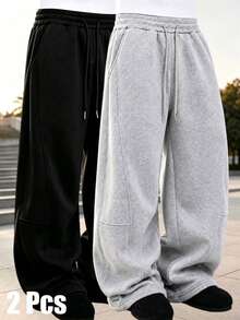 2pcs Men's Retro Loose Drawstring Sweatpants, Spring/Summer Casual Pants, Drawstring Design Fits Various Waists Fall Sports - Multicolor - View 2