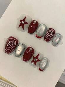 24pcs/Set Short Oval Red Cat Eye Crystal French Press-On Nails, With 3D Tie Dye Circles, Pearls And Stars Design, Full Coverage Acrylic Fake Nails, Includes 1pc Jelly Glue And 1pc Nail File, Suitable For Women And Girls Daily Work And Party Use - Multicolor - View 1