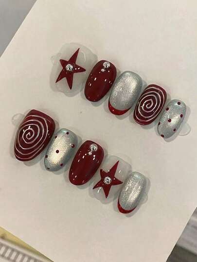 24pcs/Set Short Oval Red Cat Eye Crystal French Press-On Nails, With 3D Tie Dye Circles, Pearls And Stars Design, Full Coverage Acrylic Fake Nails, Includes 1pc Jelly Glue And 1pc Nail File, Suitable For Women And Girls Daily Work And Party Use