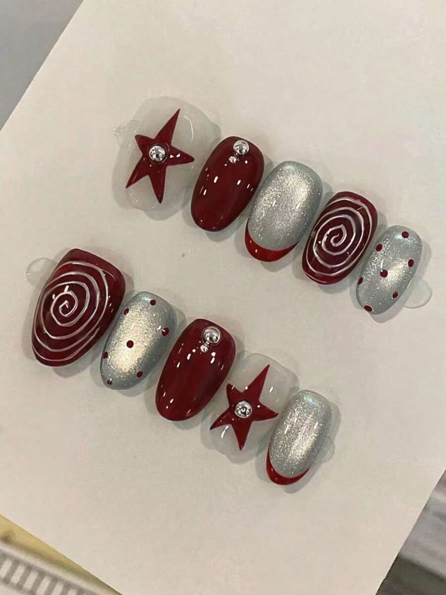 24pcs/Set Short Oval Red Cat Eye Crystal French Press-On Nails, With 3D Tie Dye Circles, Pearls And Stars Design, Full Coverage Acrylic Fake Nails, Includes 1pc Jelly Glue And 1pc Nail File, Suitable For Women And Girls Daily Work And Party Use - Multicolor - View 1