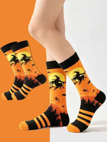 1 Pair Halloween Witch Mid-Calf Socks, Unisex, Orange Full Moon & Bat Pattern, Holiday Party Outfit Long Socks