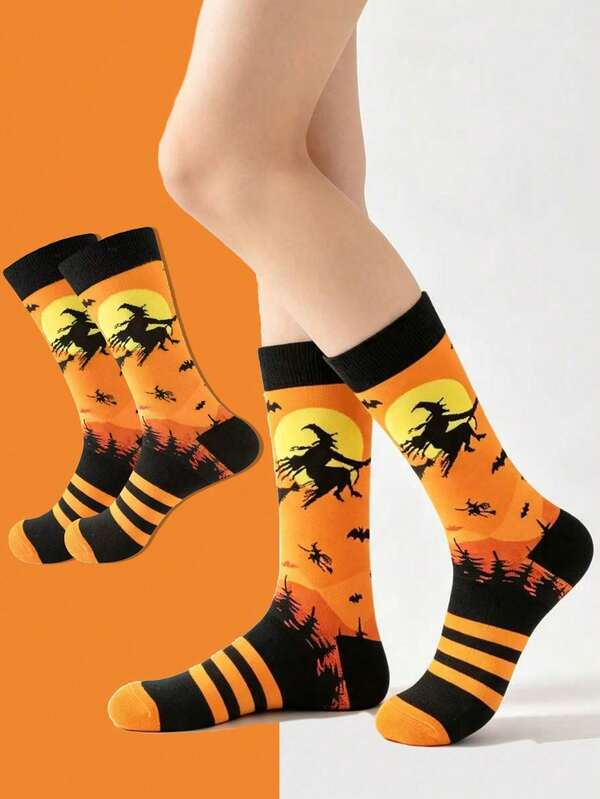 1 par de calcetines de media pantorrilla de bruja de Halloween, unisex, con patrón de luna llena naranja y murciélagos, calcetines largos para atuendo de fiesta festiva