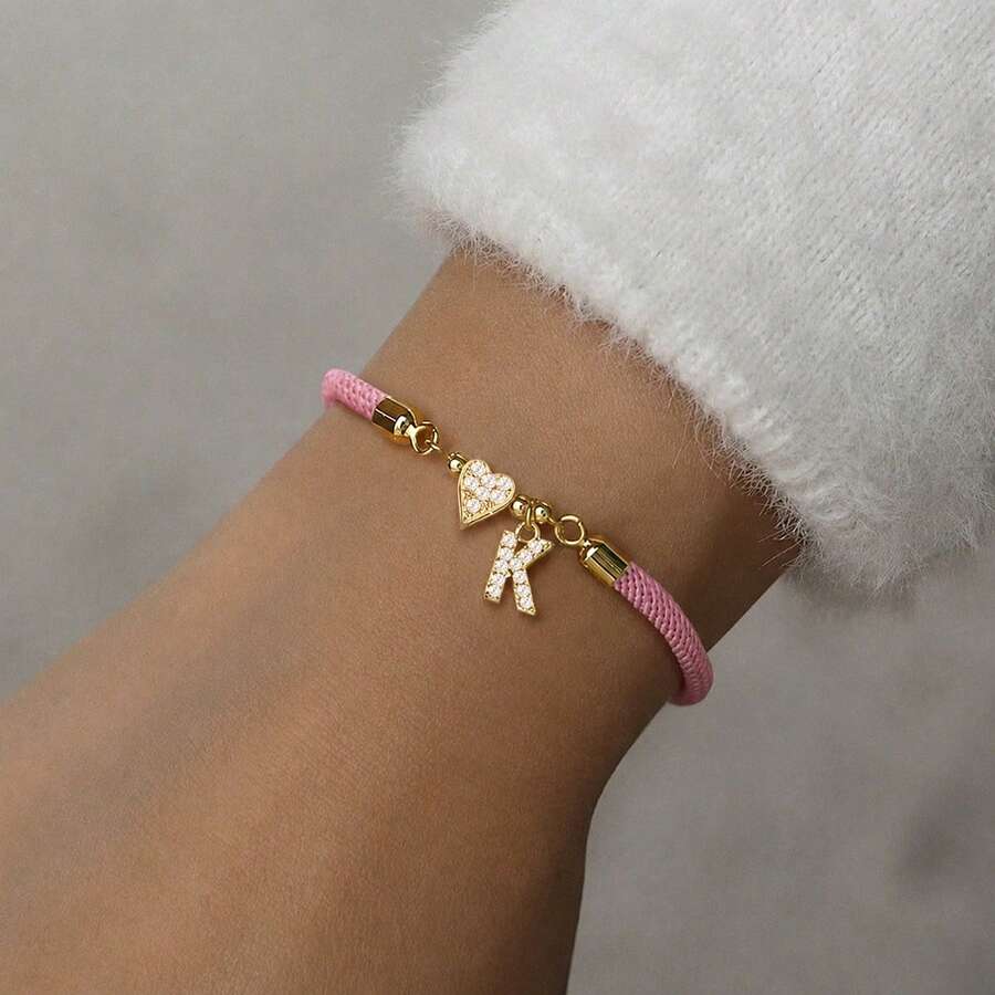 1pc A-Z Letter Heart Adjustable Braided Rope Bracelet For Women - Style 30 - View 1