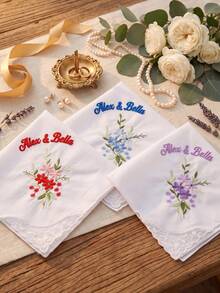 1pc Custom Text Wedding Handkerchief, Personalized Happy Tears Bridal Hankie, Custom Flower Gift For Bride, Mother Of The Bride Groom Keepsake - Multicolor - View 3