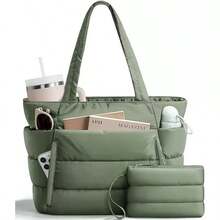 1pc Large Capacity 2026 New Women's Quilted Tote Bag Set - Multi-Compartment Storage, With Cup Holder And Laptop Sleeve, Suitable For Daily Commute, Short Trips, Weekend Getaways, Spring Travel Essentials, Valentine's Day Work Bag, Office Commute Bag, Minimalist Weekend Travel Bag, Women's Gift - Green - View 9