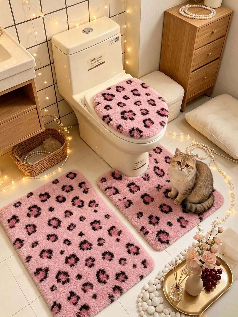 1pc/2pcs/3pcs Pink Leopard Print Bath Mat, Bathroom Rug, Door Mat, Small Rug, Carpet, Floor Mat, Home Decor, Area Rug, Outdoor Mat, Bedroom Rug, Washable Carpet - Multicolor - View 1