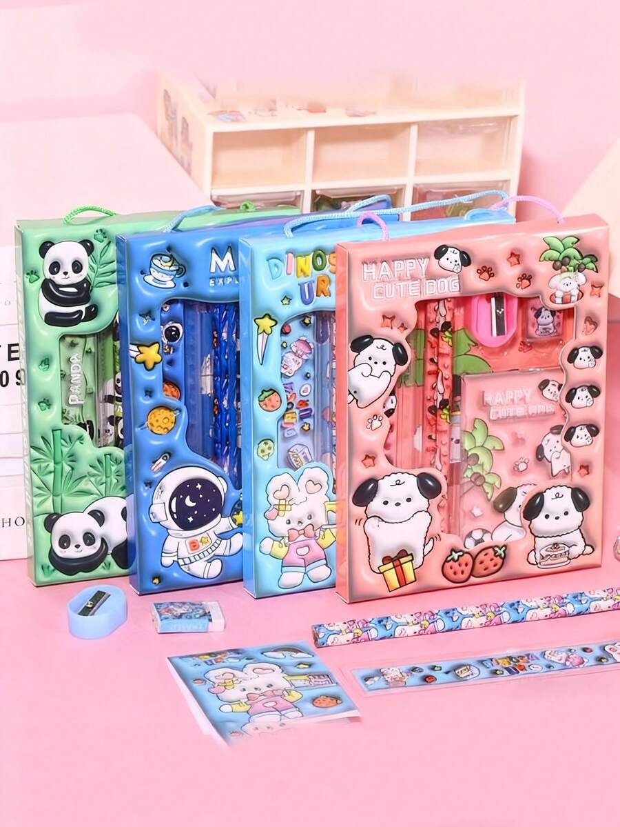 4 Sets/24PCS Panda Rabbit Puppy Astronaut Pattern Cartoon Stationery Set, Student Pencil Set, Includes Pencils, Rulers, Erasers, Sharpeners, Notebooks