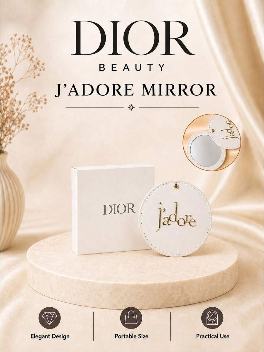 Cermin Dior J'adore, terbuat dari kulit sintetis putih, memiliki cermin definisi tinggi terintegrasi, berukuran ringkas, ringan, dan portabel, sempurna untuk merapikan riasan sehari-hari, dan cocok sebagai hadiah atau untuk penggunaan pribadi.