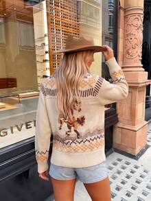 Women's American Western Style Horse Jacquard Knit Cardigan, Outdoor Camping Country Travel Old Town Street Style Casual Slimming Autumn - Apricot - View 2