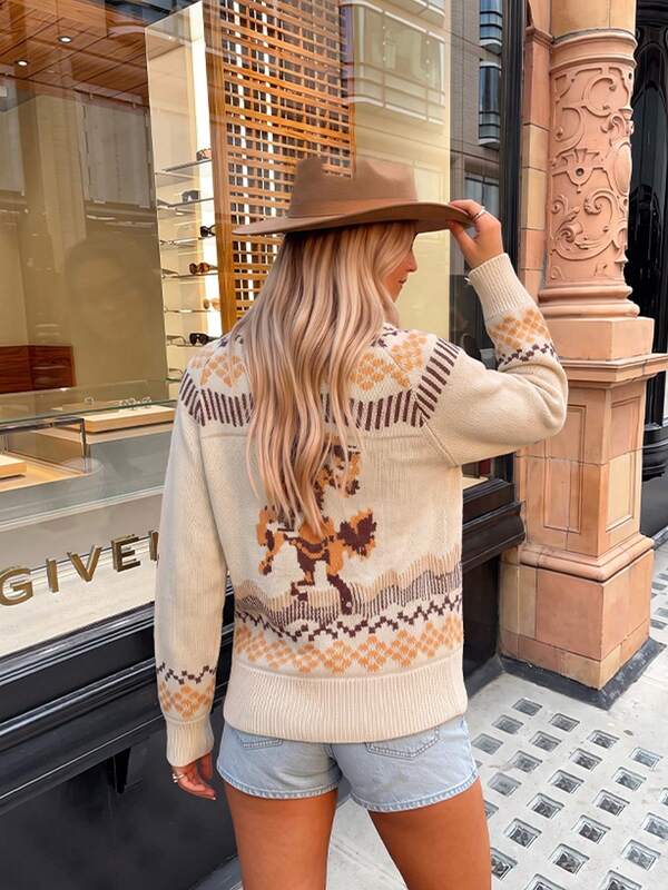 Women's American Western Style Horse Jacquard Knit Cardigan, Outdoor Camping Country Travel Old Town Street Style Casual Slimming Autumn