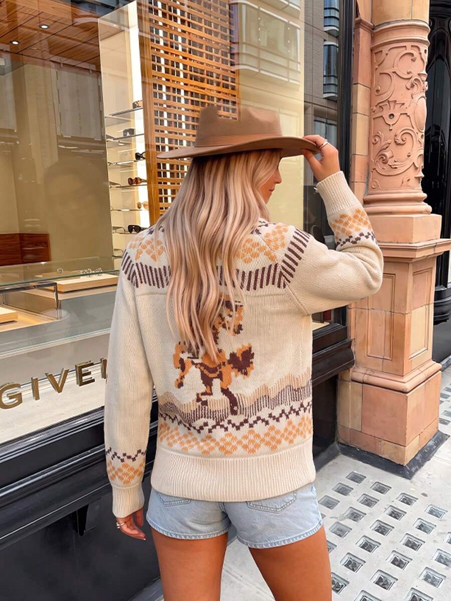 Women's American Western Style Horse Jacquard Knit Cardigan, Outdoor Camping Country Travel Old Town Street Style Casual Slimming Autumn