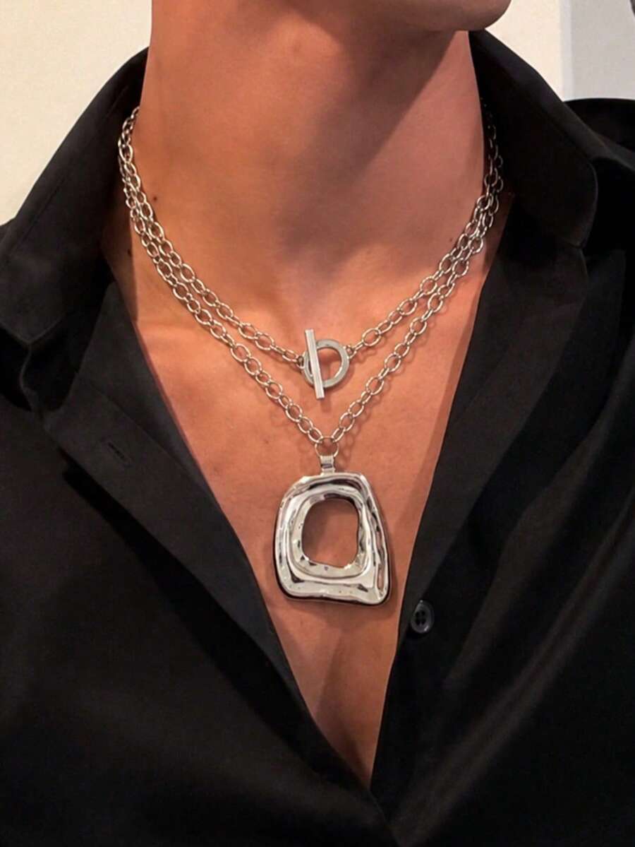 2 piezas Collar de plata minimalista de doble capa para hombre, colgante cuadrado hueco geométrico asimétrico, collar de capas con cierre OT, accesorio de estilo urbano, regalo - K blanca - Ver 1