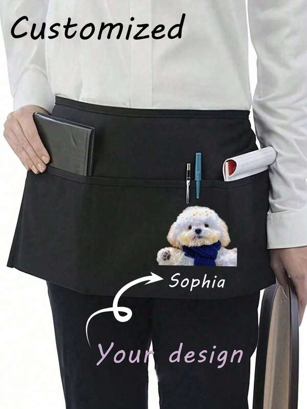 1pc Personalized Customized Unisex Polyester Apron, With 3 Pockets, Customizable Photo/Text, Short Waist Service Uniform, Black Hairdresser Apron, Barber/Beautician Beauty Gift Customization, Suitable For Kitchen, Baking And Chef Use