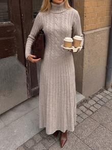 Early Fall Old Money Cable Knit Turtleneck Midi Dress, Women Long Sleeve Slim Fit Knit Dress - Oatmeal - View 6