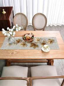 1pc 2D Flat Print Maple Leaf Branch Solid Color Table Runner, Autumn Theme Plant Table Runner, Suitable For All Seasons, Natural Minimalist Style, Non-Embroidered, 2D Printed Polyester Tablecloth - Gold - View 4