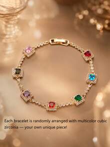 Colorful Square Zirconia Bracelet Mosaic Square Diamond Bracelet Random Multi-Color Bracelet Exquisite Layered Bracelet Date Daily Birthday Gift For Girlfriend Best Friend - Multicolor - View 2