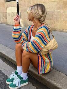 Women's Cardigan, Casual Soft Knit Jacket, Striped Multi-Color Long Sleeve Ruffle Knit Sweater, Autumn Outerwear Spring, Boho Chic - Coral Orange - View 2