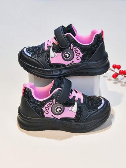 1 Pair Girls' Soft Sole Lightweight Sports Shoes, Black & Pink Magic Tape Chunky Sneakers, EVA High Elasticity Lightweight Student Running Shoes