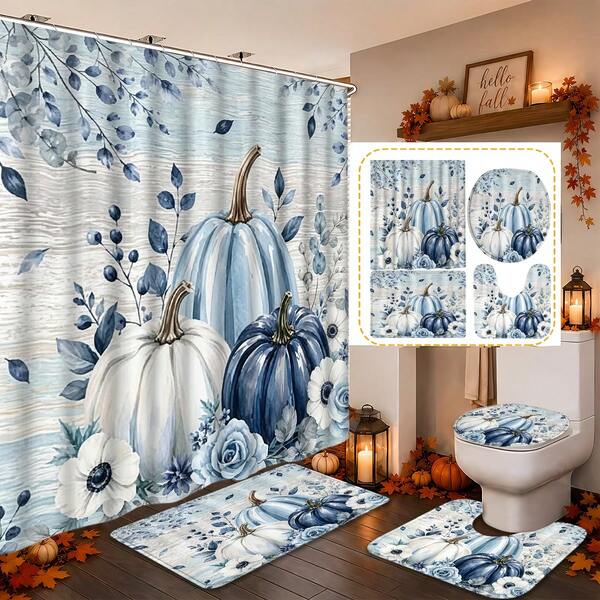 1/4pcs Thanksgiving Autumn Harvest Watercolor Floral Pumpkin Shower Curtain Set, With 12 Hooks Waterproof Polyester Bath Curtain, Bathroom Curtain, Privacy, Thickened, Durable Quick-Dry, 180*180cm Size, Halloween Thanksgiving Autumn Harvest Bathroom Decor