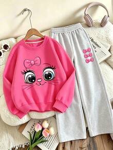 2pcs/Set Girls' Crew Neck Sweatshirt And Wide Leg Pants Outfit, Bow & Kitten Print Crew Neck Sweatshirt + Wide Leg Pants Matching Set, Suitable For Autumn/Winter Daily Wear - Multicolor - View 1