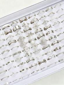 Random 68pcs/46pcs/22pcs Minimalist Fashion Casual Elegant Faux Pearl Irregular Twisted Geometric Leaf Butterfly Flower Ring Set For Women, Dating, Vacation, Daily Wear, Party, Anniversary, Holiday Gift - Silver - View 4