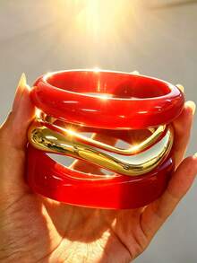 3pcs/1pc Fashion Elegant Vintage Bohemian Vacation Style Geometric Asymmetrical Multi-Element Red Colorful Gradient Resin Stackable Wavy CCB Open Exaggerated Thick Bangles Bracelet Set, Simple Personality Y2K High-End Bangles Suitable For Women, Men, Couples, Best Friends, Summer Beach Vacation, Party, Date, Gift, Daily Matching - Red - View 4