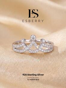ESBERRY 1枚S925纯银优雅奢华公主皇冠戒指，精致珠宝礼品，适合女性约会佩戴 - 鑲鑽皇冠戒指 - 查看 1