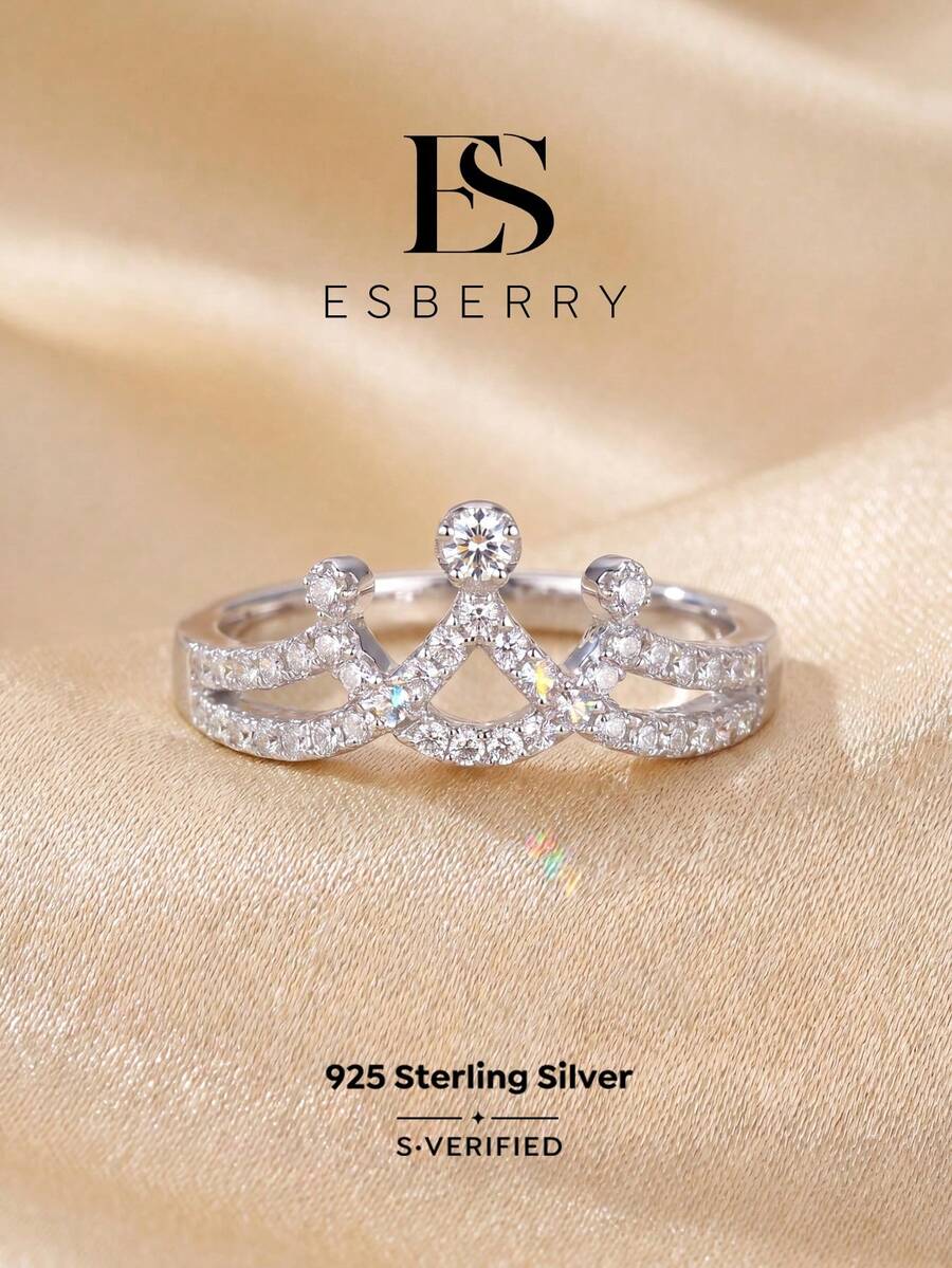 ESBERRY 1枚S925纯银优雅奢华公主皇冠戒指,精致珠宝礼品,适合女性约会佩戴 - 鑲鑽皇冠戒指 - 查看 1