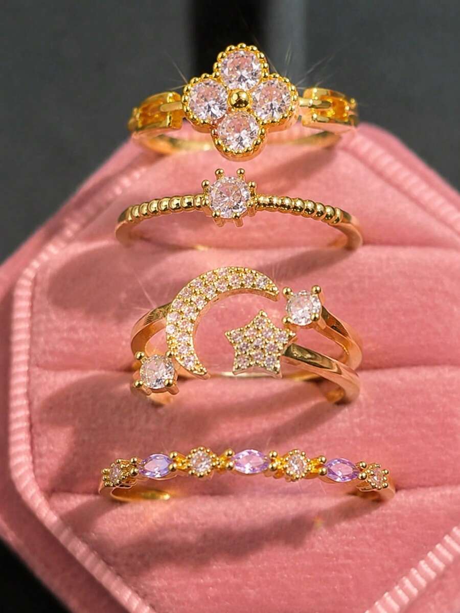 4件裝復古時尚獨特高端奢華休閒星月金屬水鑽戒指,女款,適合日常配戴、度假派對、婚禮、禮物珠寶 - 彩色 - 查看 1