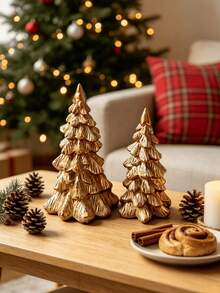 1 Set Vintage Metallic Gold Resin Christmas Tree Ornament, Desktop Christmas Decoration, Can Be Placed On Fireplace Mantel, Bookshelf, Coffee Table To Create Holiday Home Decor Atmosphere - 2pcs - View 9