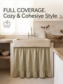 1/2pcs Green Striped Farmhouse Style Ruffle Trim Cabinet Curtains, Brown Striped Pleated Short Curtains For Bathroom, Kitchen Sink, Home, Classroom, Farmhouse, Country, Under Table Privacy, Laundry Room - Green - View 2