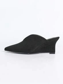 Women's Wedge Heel Pumps, Women's Black Deep Cut Slip-On Pointed Toe Wedge Heel Pumps - Black - View 6
