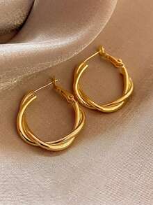 1 Pair Fashion Geometric Twisted Minimalist Hoop Earrings, Niche Design, Suitable For Teenage Girls' Daily And Holiday Wear - Gold - View 3