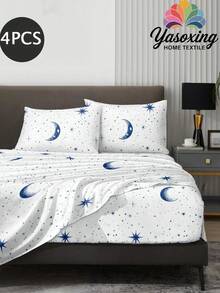4-Piece Blue Star & Moon Pattern Bedding Set, Easy Care Soft Bedding Set (1 Flat Sheet + 1 Fitted Sheet + 2 Pillowcases), Fitted Sheet Set Suitable For King/Queen/Full/Twin Size, Fits 11.8 Inch Deep Mattress, Soft Breathable Wrinkle-Resistant, Back To School Dorm Bedding - White - View 2