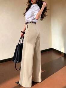 Pantalones de traje para mujer elegantes y casuales de otoño con cintura alta, pierna ancha plisada, detalle de botones dorados, bolsillos laterales, corte holgado, outfit para brunch, ciudad, trayecto al trabajo y día laboral - Albaricoque - Ver 5
