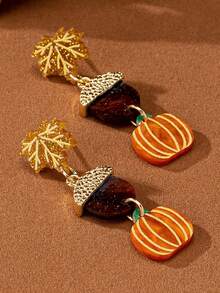 1 Pair Thanksgiving Pumpkin Maple Leaf Acorn Autumn Versatile Acrylic Earrings - Brown - View 2