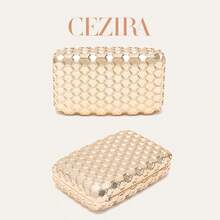 CEZIRA Women's Metal Gold Geometric Honeycomb Pattern ABS Box Clutch Bag, Luxury Designer Crossbody Bag Suitable For Weddings, Banquets, Parties And Dates - Gold - View 4