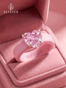 BIFEIER Fashion Anti-Fading Anti-Allergic Silicone Women's Ring, Pink Band With Elegant Pink Heart-Cut Zirconia Stone, Suitable For Women, Perfect For Weddings, Anniversaries, Daily Wear, Sports And Yoga, Ideal Valentine's Day Gift, Best Alternative To Metal Rings - Pink - View 9