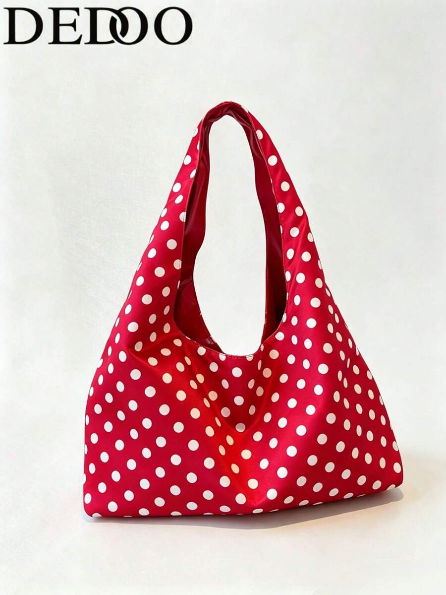 Dedoo 女款大號波希米亞風單肩包,白色波點印花緞面布料,寬肩帶休閒托特包,適合日常購物,春季女裝風格 - 紅色 - 查看 1