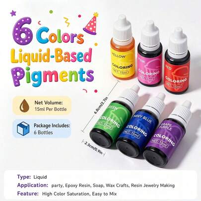 Juego Completo de Pigmento Líquido Decorativo de 90ML, 6 Botellas de 15ML de Colores, Kit de Colorante Decorativo Vibrante, Adecuado para Decoración de Repostería, Herramientas de Decoración de Postres, Estilo de Fiesta y Decoración de Superficies