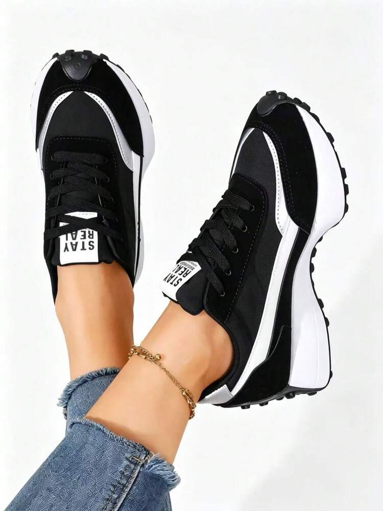 SOCTU Women's Round Toe Colorblock Fashion Lace-Up Thick Sole Student Style Height-Increasing Casual Comfortable Running Sports Shoes - Black - View 6