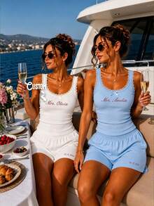 Personalized Embroidered Lace Tank Top, Customized Embroidered Modal Tank Top, Bridal Shower Gift, Engagement Gift, Bachelorette Party - Multicolor - View 4