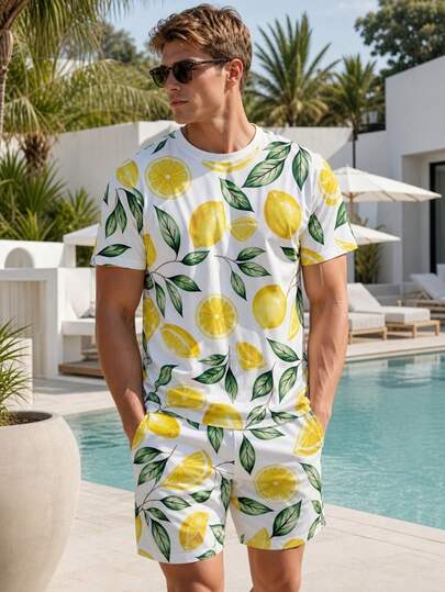 Herren Sommer Frucht-Allover-Muster Kurzarm T-Shirt und Kordelzug Taschen Shorts Set, Herren Urlaubs-lässig-Stil Set