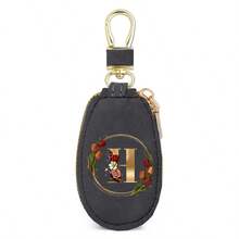 Floral Wreath Letter A-Z Car Key Holder, Mini Car Key Storage Bag, PU Leather Keychain Wallet, Zipper Pouch, Car Key Organizer, Car Keychain, Unisex Gift - Multicolor - View 25