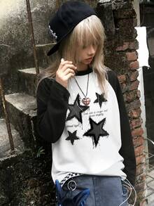 Y2K American Retro New Women's Round Neck T-Shirt Casual Loose Fit American Star Print Pattern Versatile Contrast Color Raglan Sleeve Long White - White - View 4